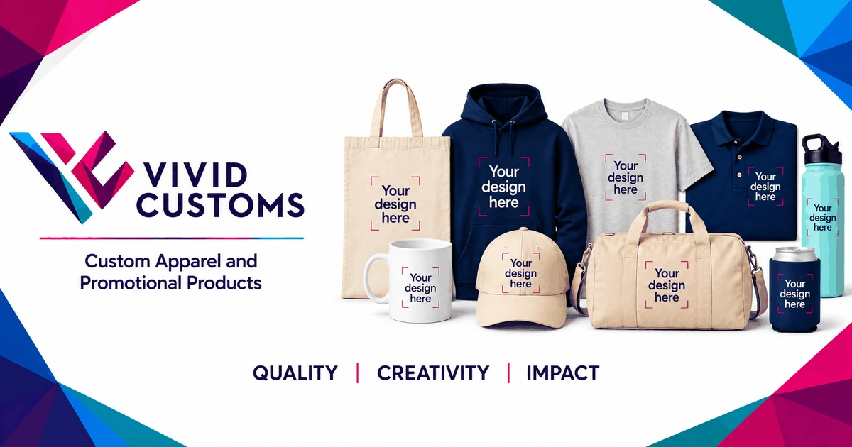 Vivid Customs supplied creative showing customizable shirts, bags, hats and drinkware